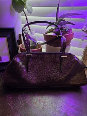 Bisou Bisou Dark Brown Croc-Embossed Shoulder Bag w/Pink Interior, Card Slots